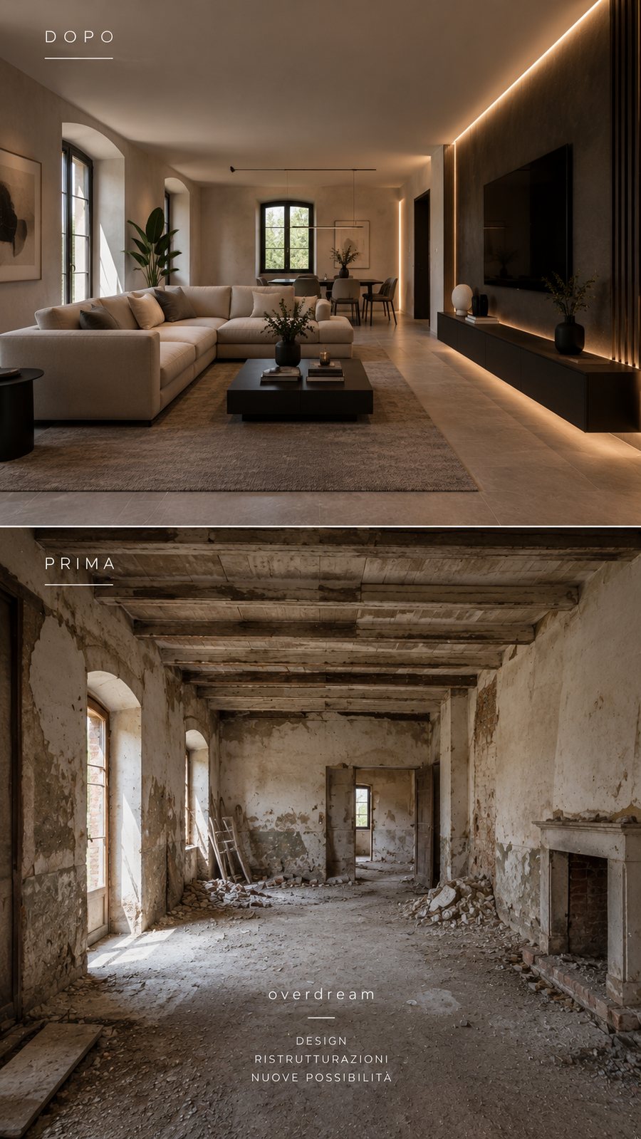 Soggiorno ristrutturato, render di progetto Overdream