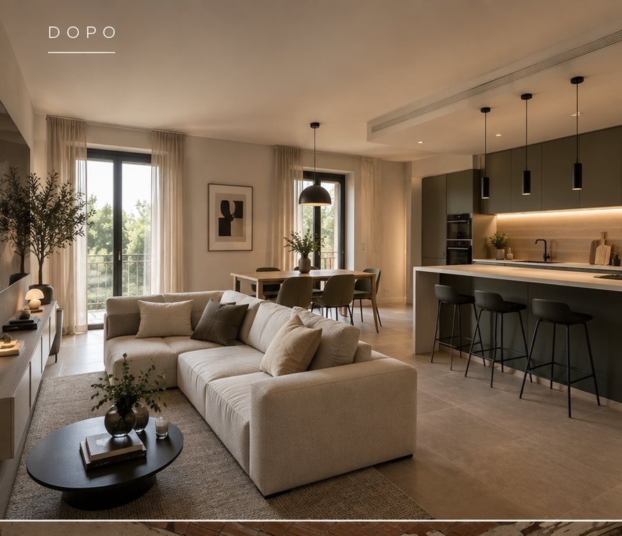 Render di progetto: soggiorno e cucina